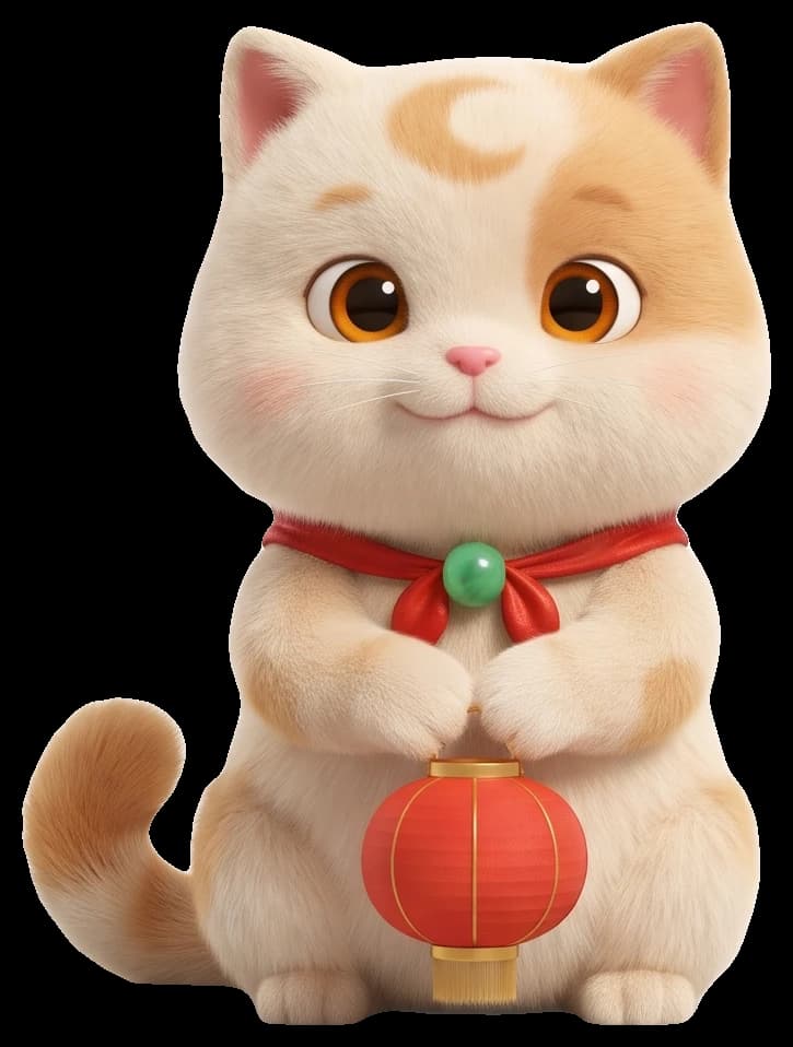 Mèo May, the Lucky Year cat, holding a red lantern